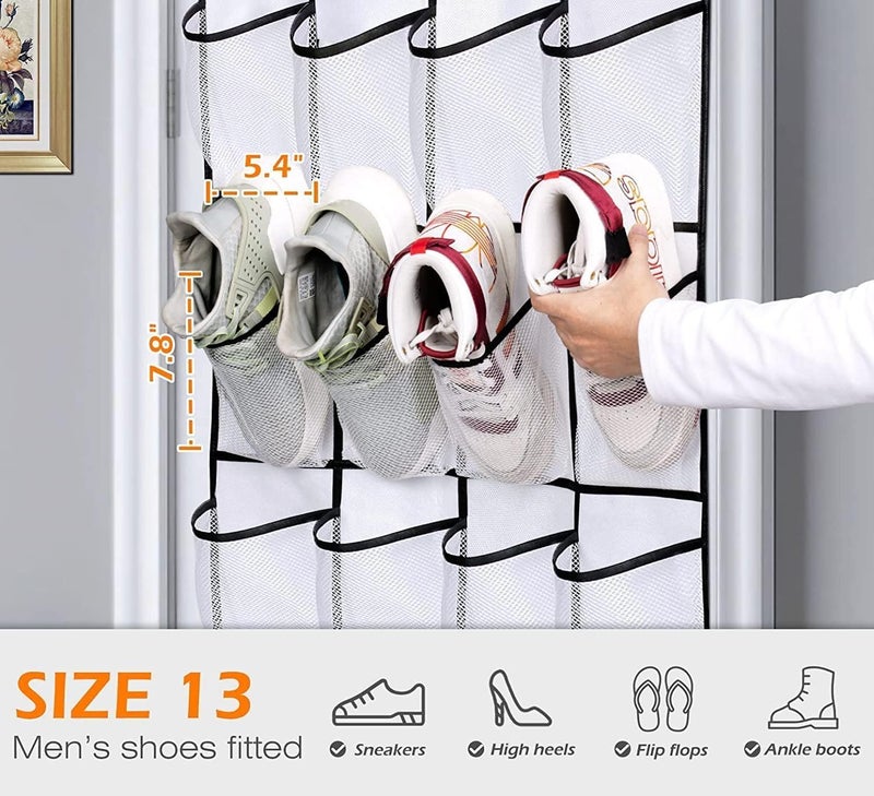 ميسلو MISSLO Over the Door Shoe Storage Organiser Hanging Shoe Rack Holder 24 Large Mesh Pockets for Wardrobe Door Tidy with Hanger(White) - Image 3