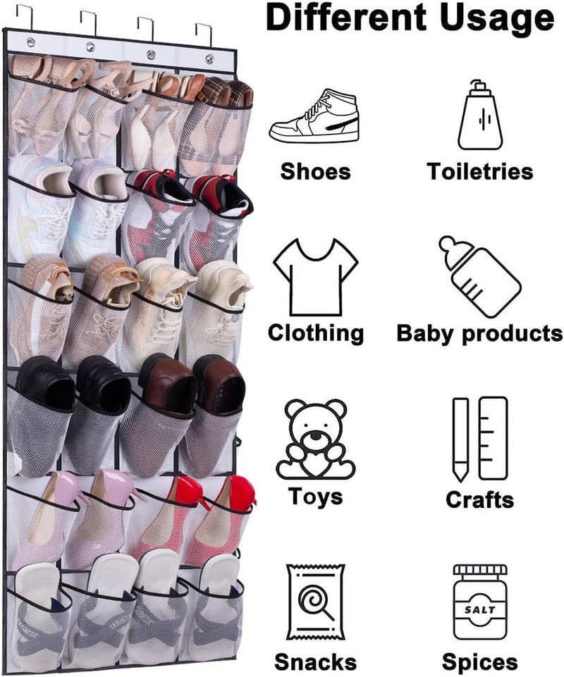 ميسلو MISSLO Over the Door Shoe Storage Organiser Hanging Shoe Rack Holder 24 Large Mesh Pockets for Wardrobe Door Tidy with Hanger(White) - Image 5
