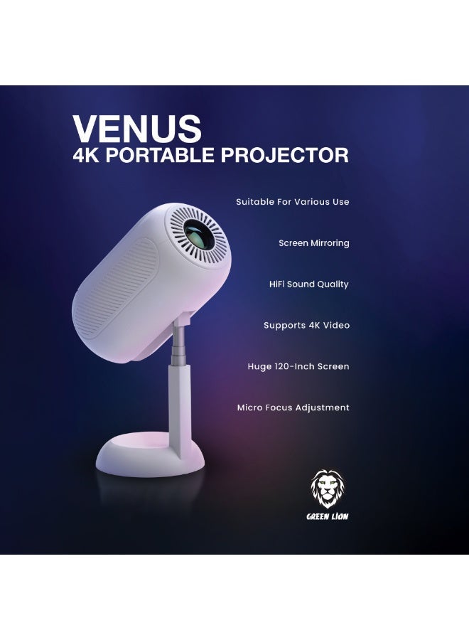 جرين ليون جهاز عرض محمول VENUS 4K، سطوع عالي، شاشة 100 بوصة، طلاء عالي الدقة وثلاثي الأبعاد، شبه منحرف رباعي النقاط، انعكاس الشاشة لاسلكيًا/سلكيًا، جودة صوت عالية الدقة، والمزيد للترفيه المنزلي - أبيض - Image 2