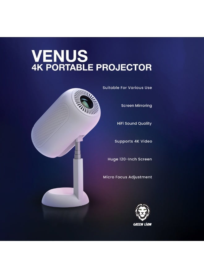 GREEN LION VENUS 4K Portable Projector, High Brightness, 120-Inch Screen, HD & 3D Coating, Four-Point Trapezoidal, Wireless/Wired Screen Mirroring, HiFi Sound Quality, and More for Home Entertainment - White - Image 2