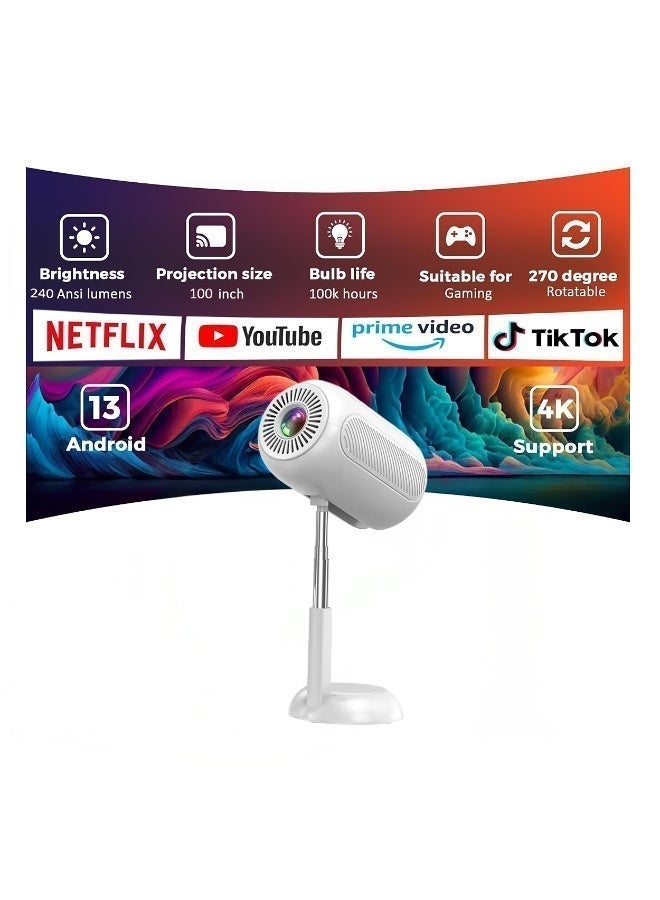 VENUS 4K Portable Projector, High Brightness, 100-Inch Screen, HD & 3D Coating, Four-Point Trapezoidal, Wireless/Wired Screen Mirroring, HiFi Sound Quality, and More for Home Entertainment - White