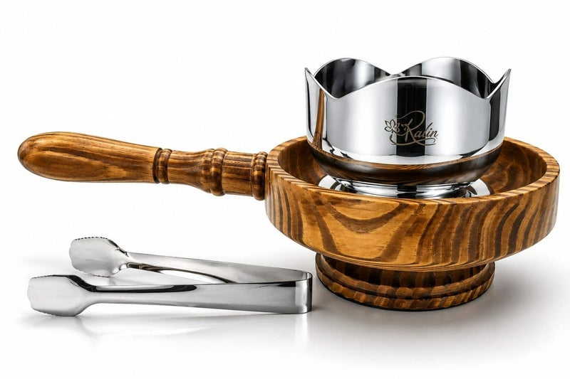 Radin Premium Stainless Steel Bakhoor Burner With Wooden Handle And Charcoal Tong Set For Oud, Incense, Frankincense, Arabic Home Fragrance, Ramadan, Eid And Majlis Use - Silver - Image 1
