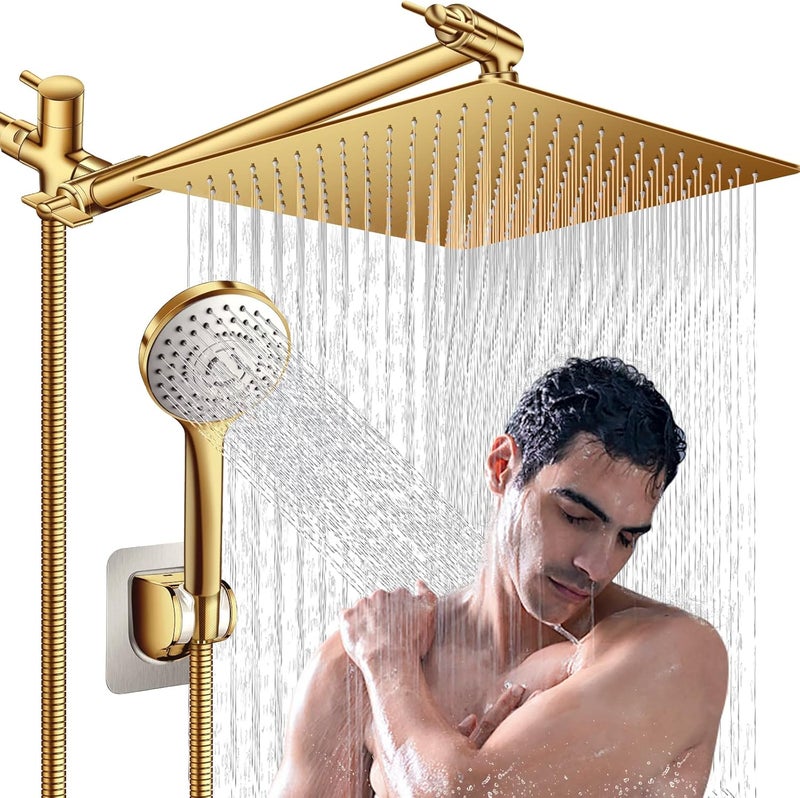 PinWin Shower Head,12'' Rain Shower Head with 11'' Adjustable Extension Arm and 5 Settings High Pressure Handheld Shower Head Combo,Powerful Shower Spray Against Low Pressure Water-Brushed Gold - Image 1