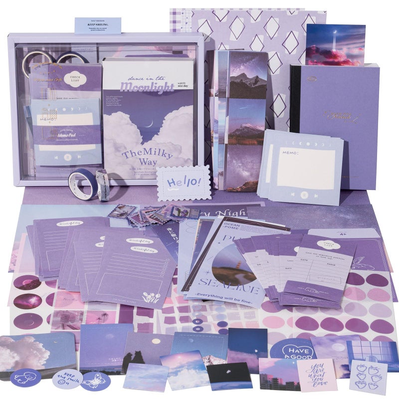 JOYCHOIC 348 Pcs Scrapbook Kit, Moonlight Junk Journal Supplies, Purple Journaling and Scrapbooking Materials, Large Aesthetic Collection for Women, Stationery DIY Arts Craft, Adults Daily - Image 1