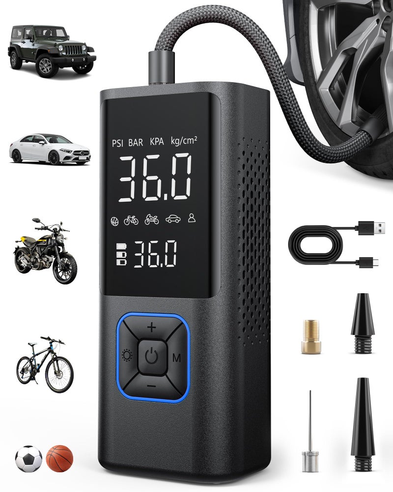 Powools Cordless Tire Inflator Portable Air Compressor 150PSI Air Pump with Auto Shutoff Function for Car Tires Inflatables Motorcycle Balls Compact Bike Tire Pump with LED Light Blue Large