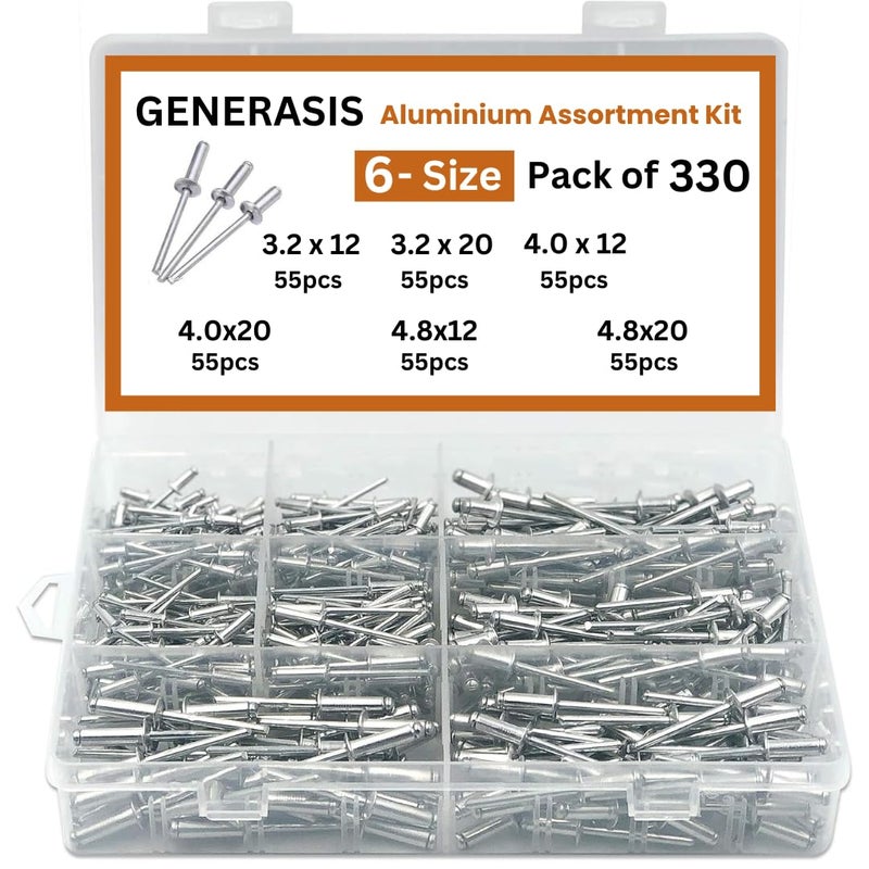 GENERASIS - 6 حجم | مجموعة مسامير ألومنيوم عمياء متنوعة، مسامير معدنية POP لآلة التثبيت / دبوس التثبيت المتنوع (6 أحجام - 330 قطعة) - Image 1