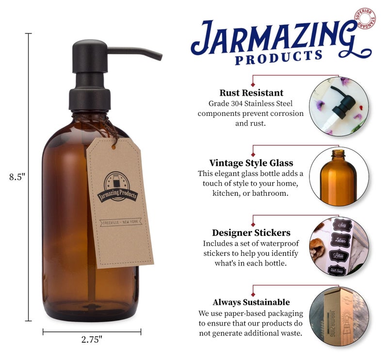 Jarmazing Products Amber Glass Jar Soap and Lotion Dispenser with Matte Black Pump - 16 oz - by Jarmazing Products - Image 2