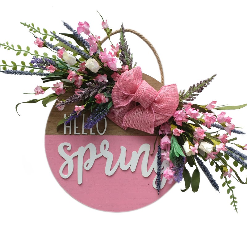 Idyllic Hello Spring Sign Wreath for Front Door Lavender and Pink Flower Cluster Wooden Wreath for Farmhouse Wall Outdoor IndoorOutdoor Spring Season Hanging Wall Decor - Image 2