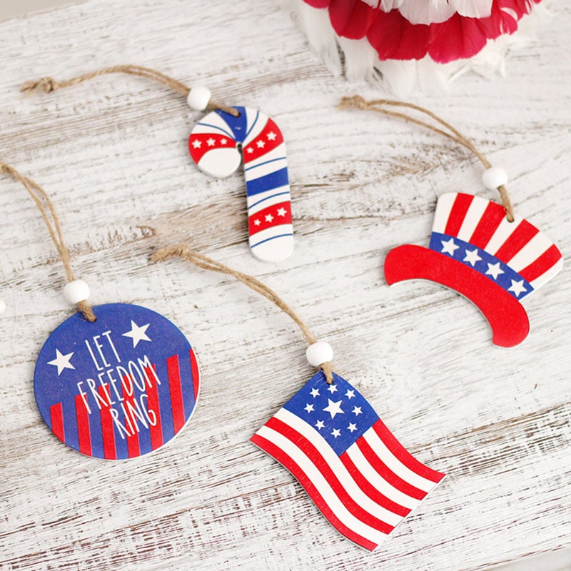 6PCS Patriotic Wood Ornaments 4th of July Wooden Hanging Pedant Set Patriotic Themed Hanging Tags Decoration for Party Home Wall Tree Hanging Decor - Image 4