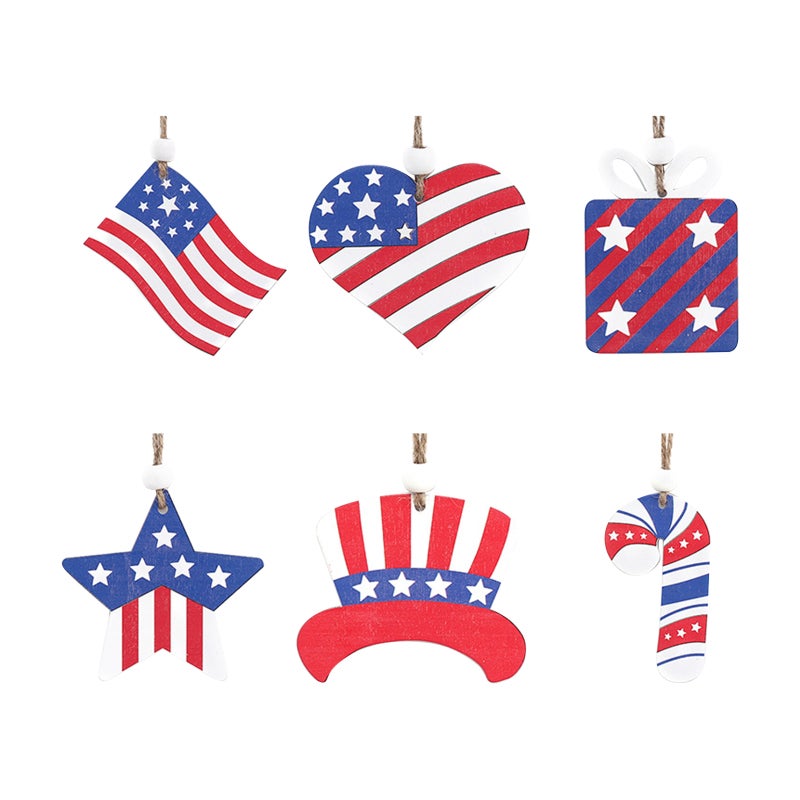 6PCS Patriotic Wood Ornaments 4th of July Wooden Hanging Pedant Set Patriotic Themed Hanging Tags Decoration for Party Home Wall Tree Hanging Decor - Image 1