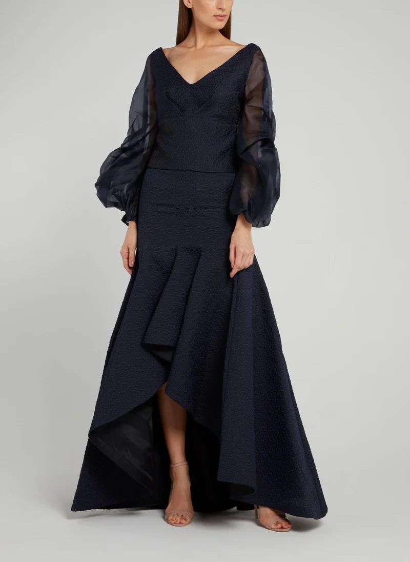 Avaro Figlio Navy Sheer Lantern Sleeve Top