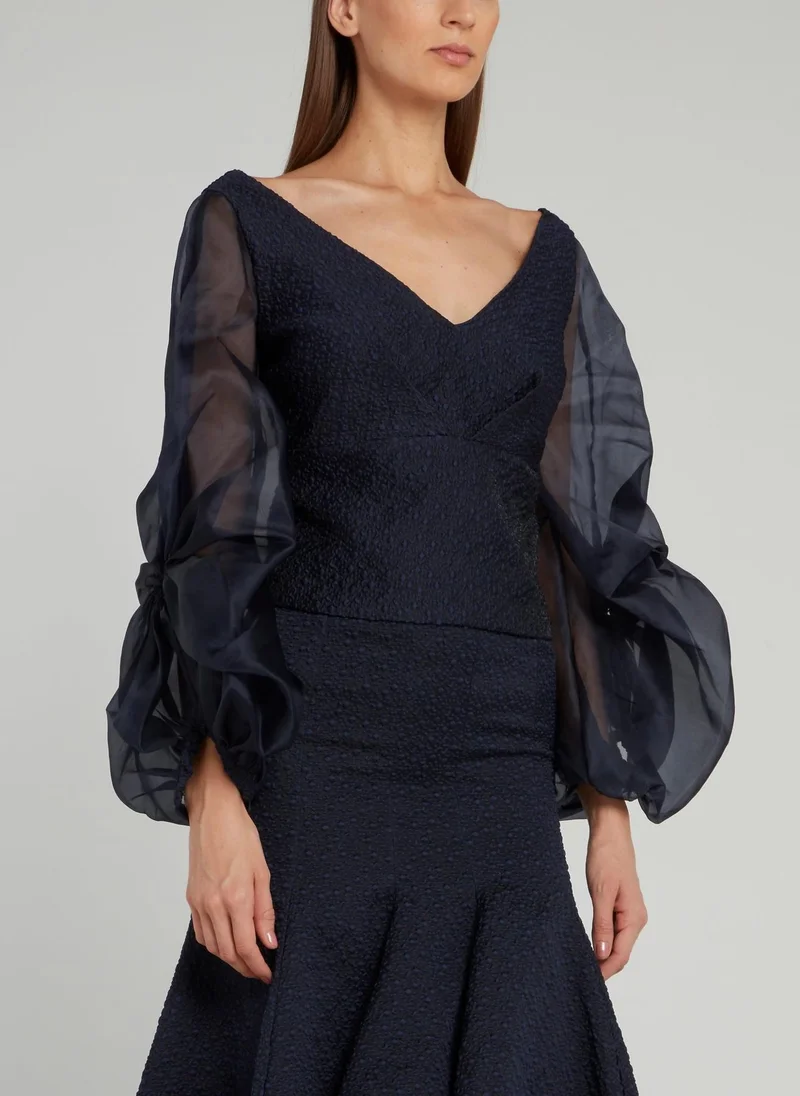 Avaro Figlio Navy Sheer Lantern Sleeve Top