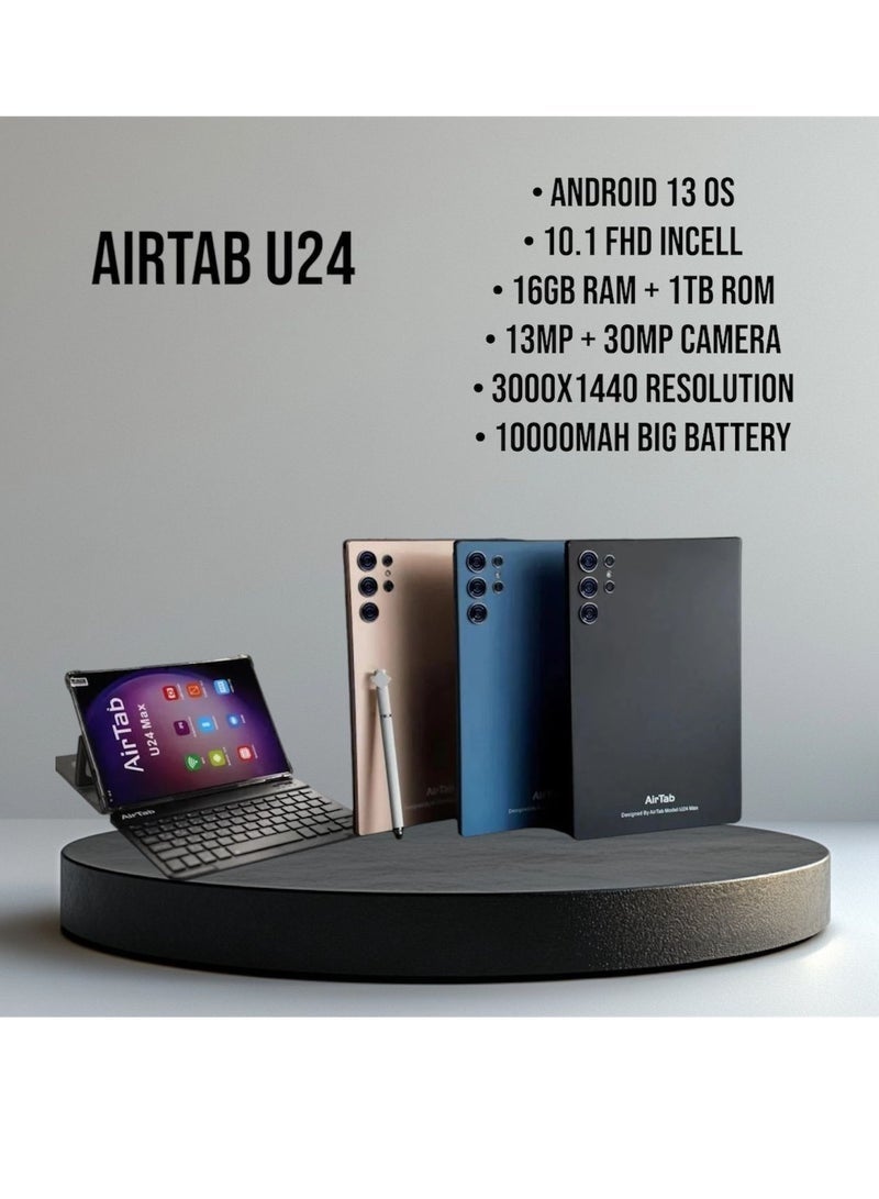 AirTab 10.1-Inch U24 Android 13 Tablet with 16GB RAM, 1TB Storage, Quad Core, Wi-Fi + LTE Dual SIM, Touch Pen & Wireless Keyboard – Blue - Image 2