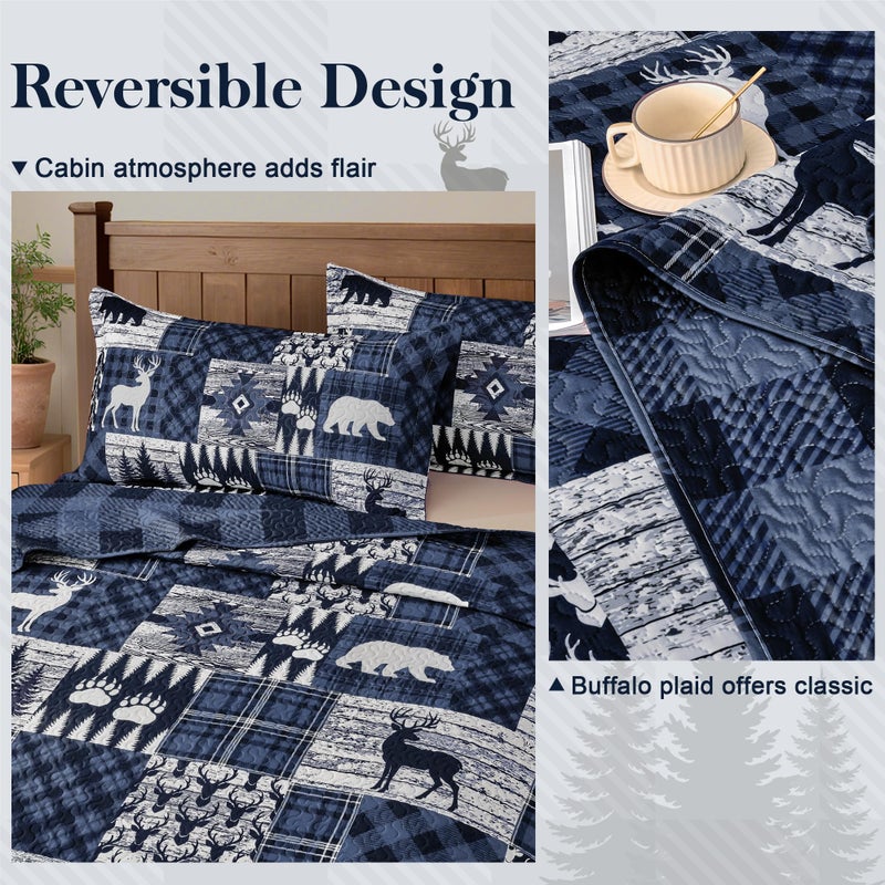 Tritard 3 Piece Cabin California King Size Quilt Sets Farmhouse Rustic Reversible Microfiber Soft Lightweight Bedspread Comforter with 2 Shams Patchwork Country Lodge Bedding for All Season, 118''x106'', Blue - Image 4