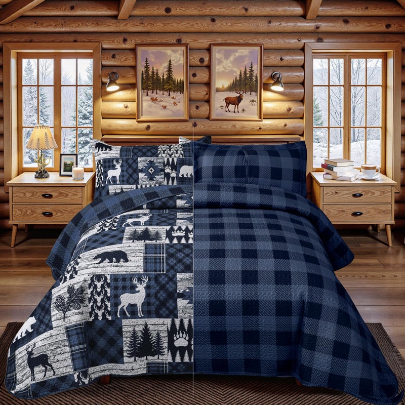 Tritard 3 Piece Cabin California King Size Quilt Sets Farmhouse Rustic Reversible Microfiber Soft Lightweight Bedspread Comforter with 2 Shams Patchwork Country Lodge Bedding for All Season, 118''x106'', Blue - Image 3