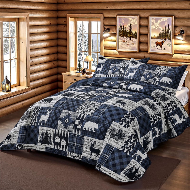 Tritard 3 Piece Cabin California King Size Quilt Sets Farmhouse Rustic Reversible Microfiber Soft Lightweight Bedspread Comforter with 2 Shams Patchwork Country Lodge Bedding for All Season, 118''x106'', Blue - Image 2