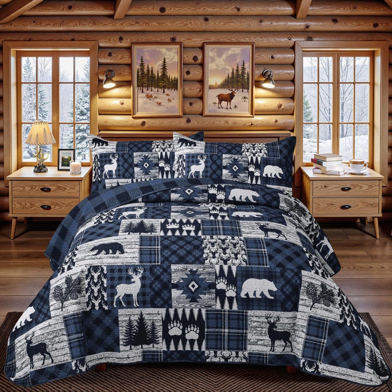 Tritard 3 Piece Cabin California King Size Quilt Sets Farmhouse Rustic Reversible Microfiber Soft Lightweight Bedspread Comforter with 2 Shams Patchwork Country Lodge Bedding for All Season, 118''x106'', Blue - Image 1