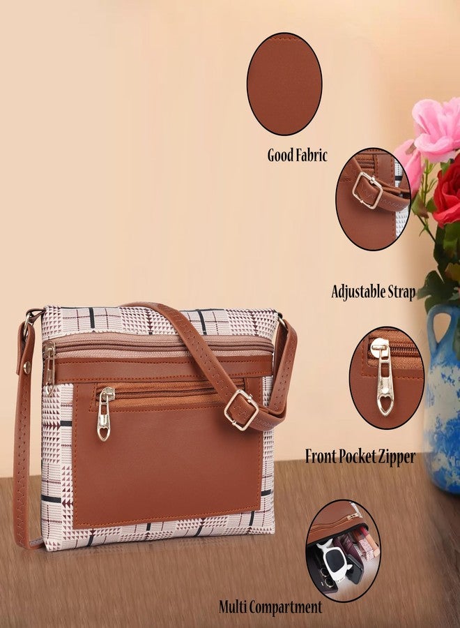 DANIEL CLARK Women’s Printed Crossbody Sling Bag | Off White & Maroon Geometric Design with Brown PU Leather | Adjustable Strap | Zipper Closure | Casual & Travel Handbag - Image 2