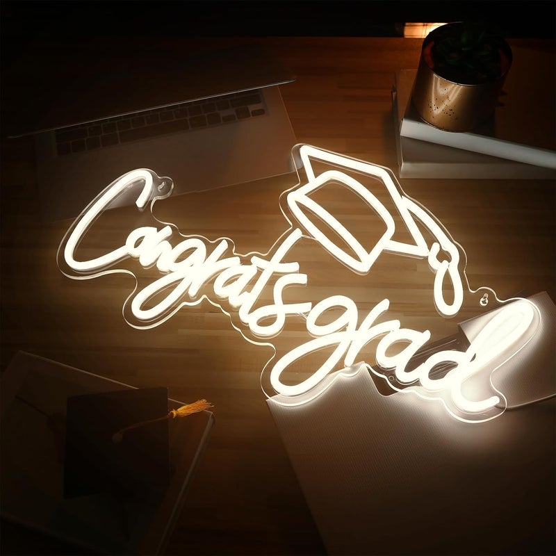SLASA Congrats Grad Neon Sign 33x53 cm Warm White LED Neon Light for Graduation Decoration, Party Backdrop, Wall Decor, Photo Booth, Aesthetic Room Decor Light with 6mm Acrylic Base - Image 2