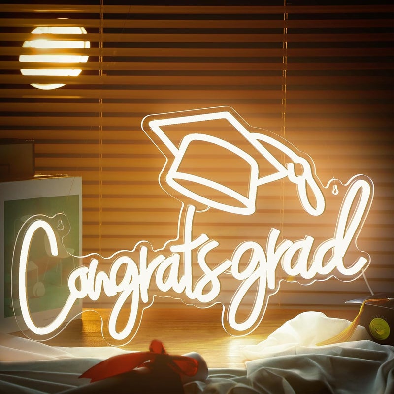 SLASA Congrats Grad Neon Sign 33x53 cm Warm White LED Neon Light for Graduation Decoration, Party Backdrop, Wall Decor, Photo Booth, Aesthetic Room Decor Light with 6mm Acrylic Base - Image 1