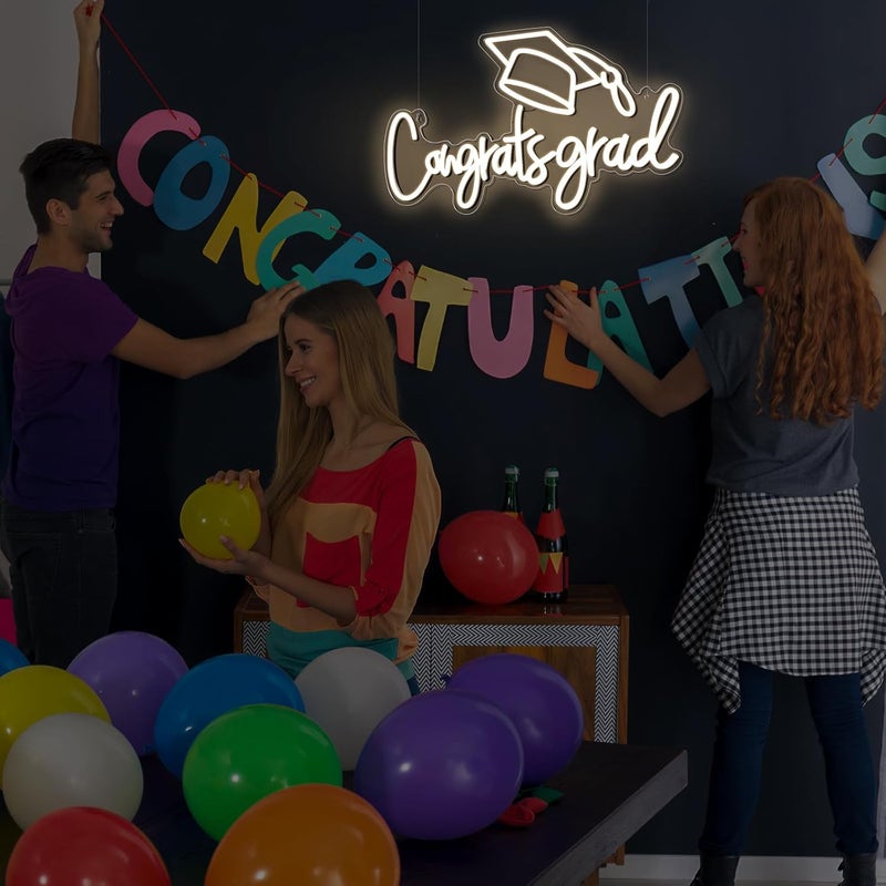 SLASA Congrats Grad Neon Sign 33x53 cm Warm White LED Neon Light for Graduation Decoration, Party Backdrop, Wall Decor, Photo Booth, Aesthetic Room Decor Light with 6mm Acrylic Base - Image 3