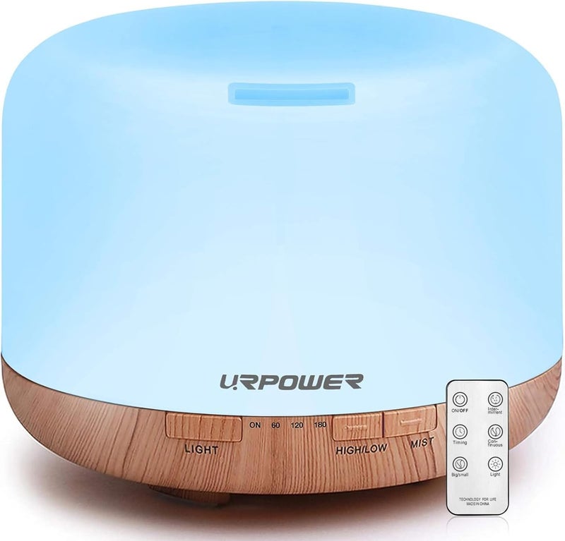 URPOWER 500ml Aromatherapy Essential Oil Diffuser Ultrasonic Air Humidifier with 4 Timer Settings 7 LED Color Changing Lamps, 10 Hours Continuous Mist Mode Running - AUTO shut off - Image 1