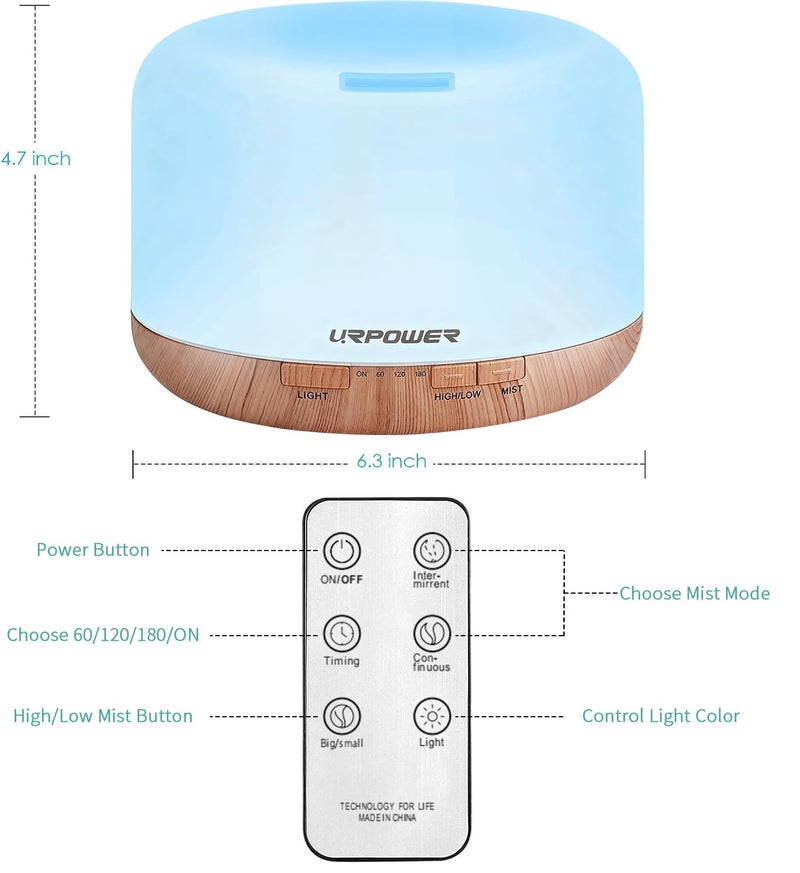 URPOWER 500ml Aromatherapy Essential Oil Diffuser Ultrasonic Air Humidifier with 4 Timer Settings 7 LED Color Changing Lamps, 10 Hours Continuous Mist Mode Running - AUTO shut off - Image 2