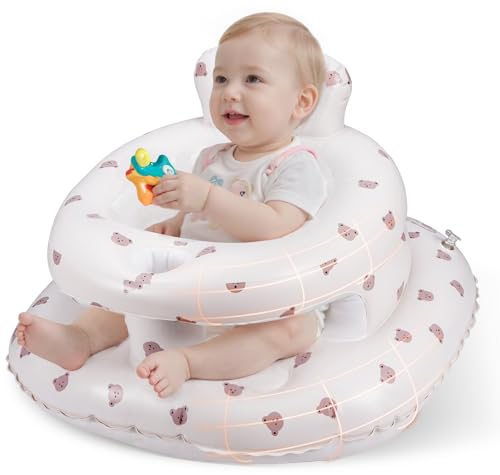 Aloxina Inflatable Baby Seat for Babies 336 Months Aloxina Sit Me Up Floor Chair with Builtin Air Pump ExtraWide Base AntiTip Support Infant Chair for Sitting Feeding Bear - Image 1