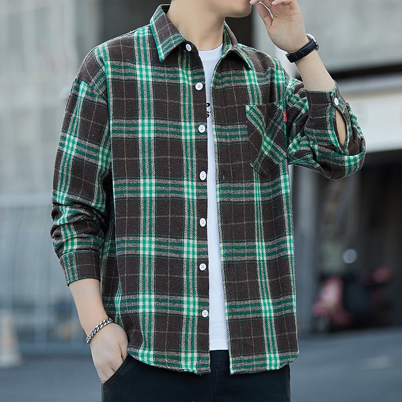 Cotton Hong Kong Style Plaid Long-Sleeved Shirt Men'S Autumn All-Match High-End Long-Sleeved Plus Size Retro Long-Sleeved Shirt Trend - Image 1