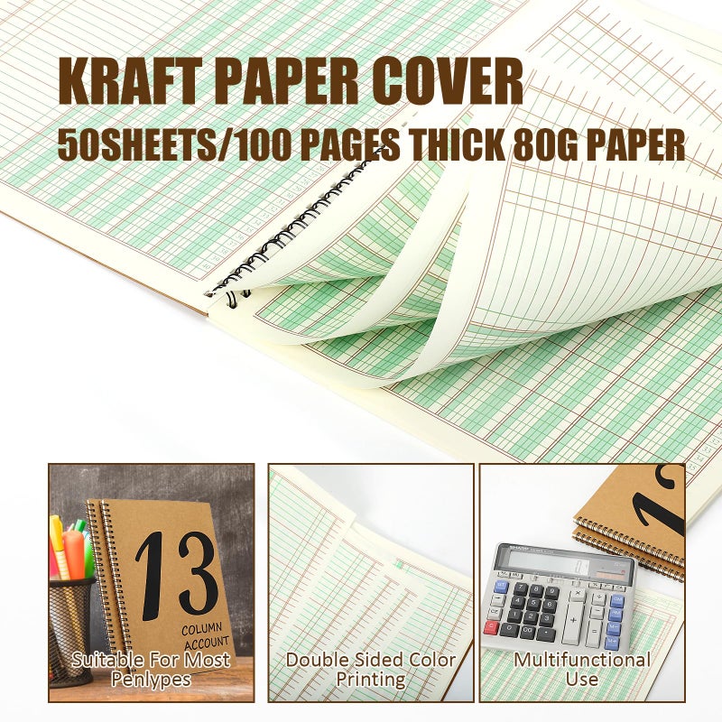 DLUGOPIS 2 Pcs 13 Column Ledger Book 8.5 * 11inch Account Book Notebook Columnar Pad Columnar Pad 13 Columns Premium Analysis Pad Kraft Paper Cover 100 Pages for Personal Use Small Business(50 Sheet) - Image 3