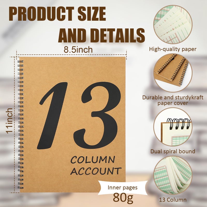 DLUGOPIS 2 Pcs 13 Column Ledger Book 8.5 * 11inch Account Book Notebook Columnar Pad Columnar Pad 13 Columns Premium Analysis Pad Kraft Paper Cover 100 Pages for Personal Use Small Business(50 Sheet) - Image 2