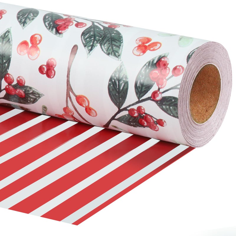 LaRibbons Reversible Christmas Wrapping Paper Jumbo Roll Vintage Red Berries Red Candy Cane Stripe Gift Wrap for Christmas Season Party Xmas 30 Inch 33 Feet