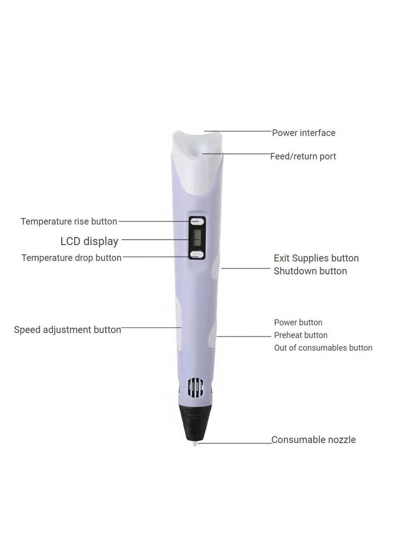 مس تيارا - قلم طباعة ثلاثي الأبعاد مع سرعة ودرجة حرارة قابلة للتعديل (قابس USB) بنفسجي - Image 1
