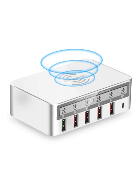 Multi-Device Charging Station 100W 6-Port USB C Fast Charger with Wireless Charging for Apple and Other Mobile Phones
