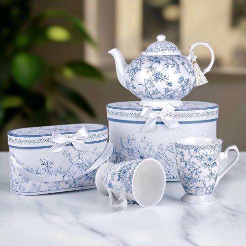 STP GOODS Blue Flowers Bone China Tea/Coffee Mug Set of 2 in Gift Box - Image 3