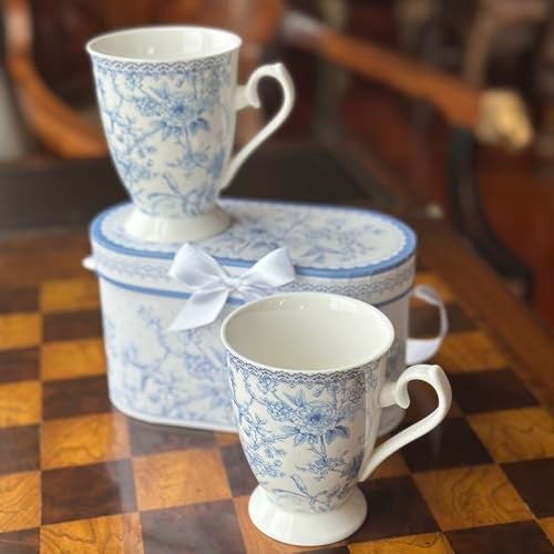 STP GOODS Blue Flowers Bone China Tea/Coffee Mug Set of 2 in Gift Box - Image 4