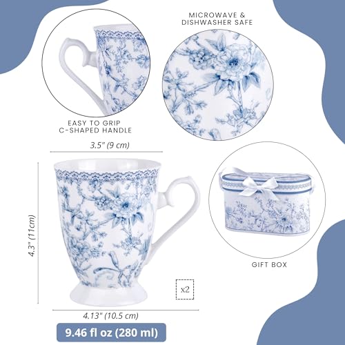 STP GOODS Blue Flowers Bone China Tea/Coffee Mug Set of 2 in Gift Box - Image 2
