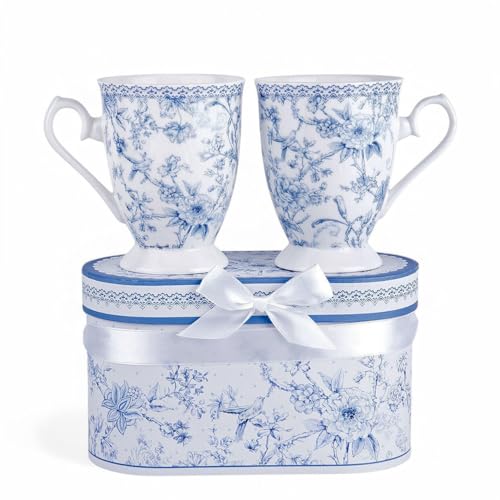 STP GOODS Blue Flowers Bone China Tea/Coffee Mug Set of 2 in Gift Box - Image 1