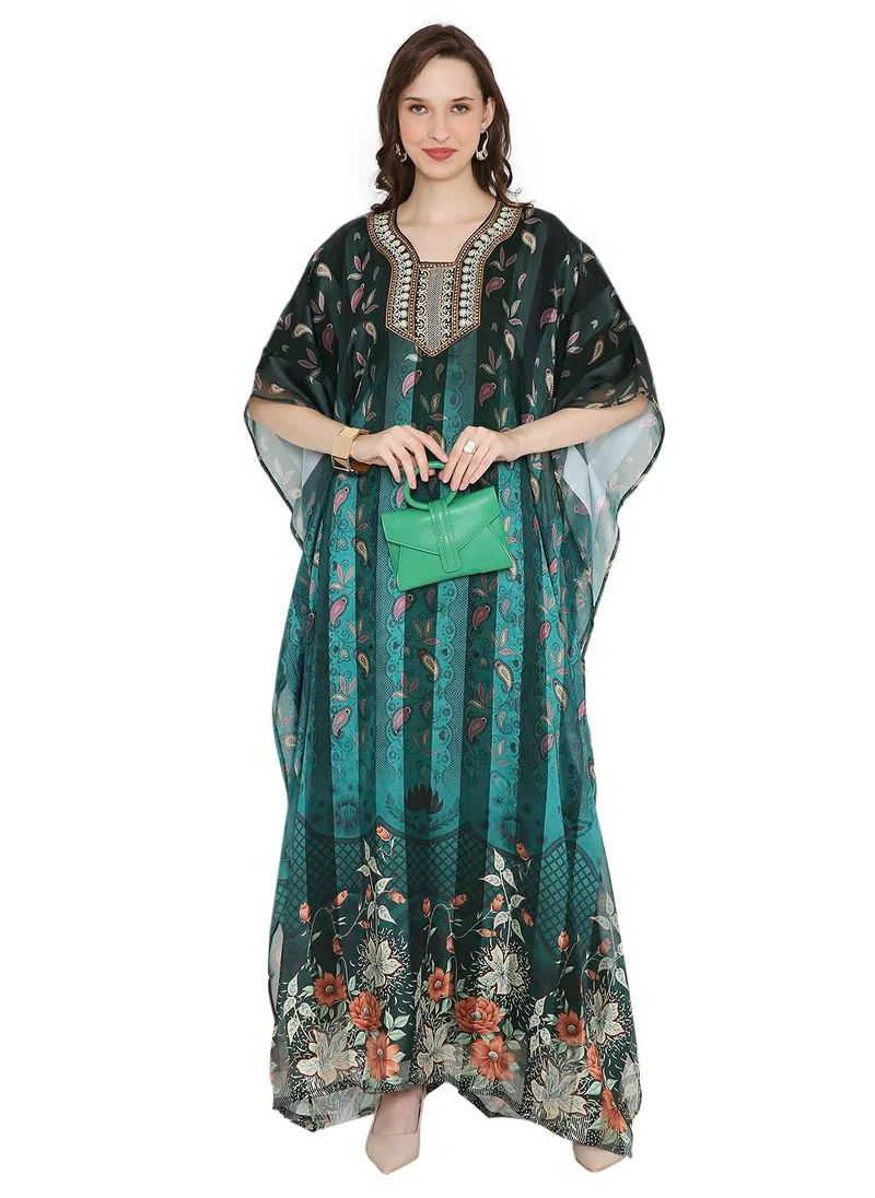 هانا آند سارا SATIN SILK STRIPE PRINTED WITH EMBROIDERY FARASHA KAFTAN JALABIYA WITH HIGH NECK COLLAR