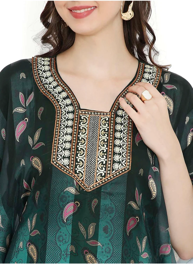 HANA & SARA SATIN SILK STRIPE PRINTED WITH EMBROIDERY FARASHA KAFTAN JALABIYA WITH HIGH NECK COLLAR