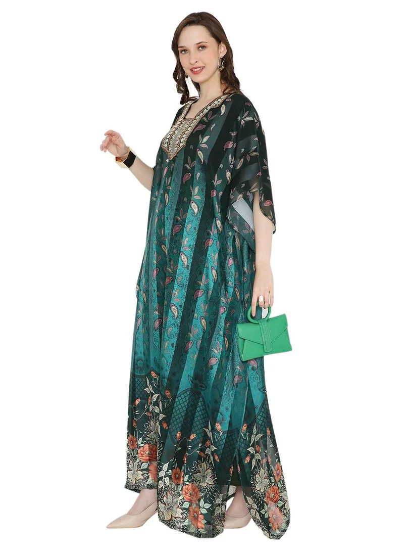 HANA & SARA SATIN SILK STRIPE PRINTED WITH EMBROIDERY FARASHA KAFTAN JALABIYA WITH HIGH NECK COLLAR
