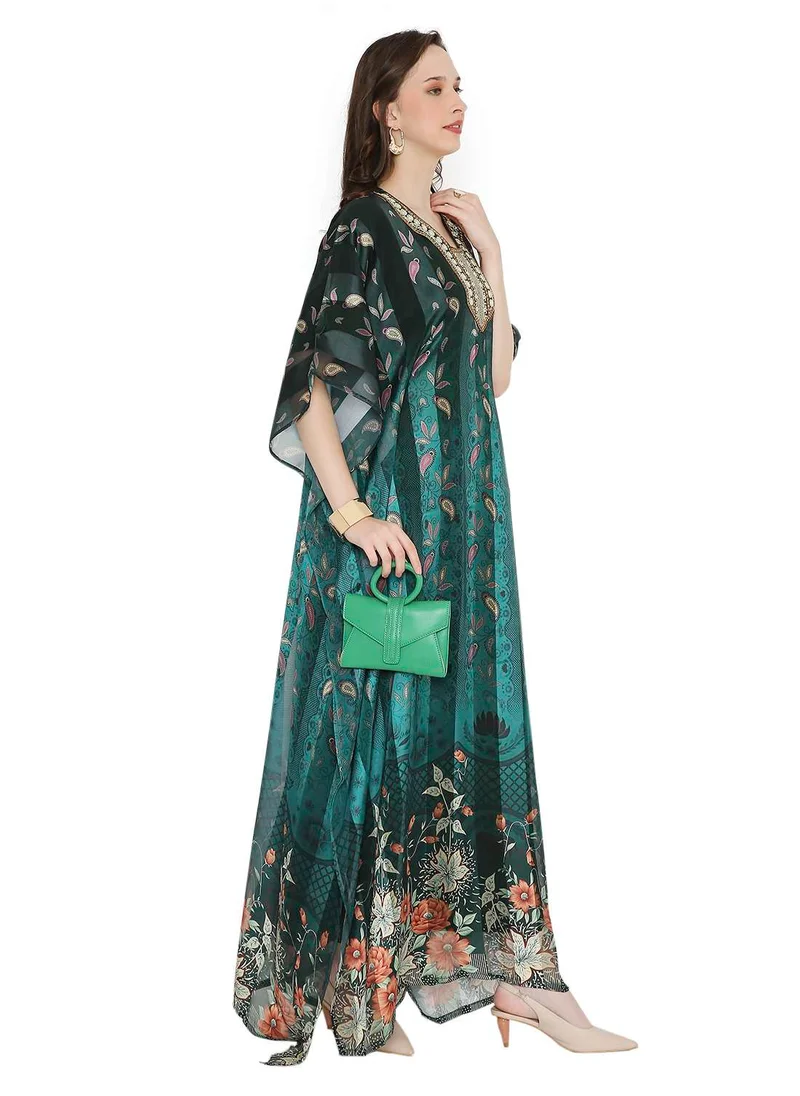 HANA & SARA SATIN SILK STRIPE PRINTED WITH EMBROIDERY FARASHA KAFTAN JALABIYA WITH HIGH NECK COLLAR