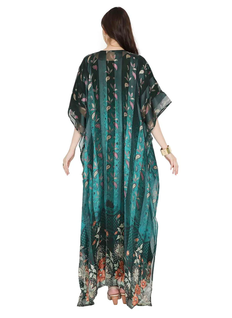 هانا آند سارا SATIN SILK STRIPE PRINTED WITH EMBROIDERY FARASHA KAFTAN JALABIYA WITH HIGH NECK COLLAR