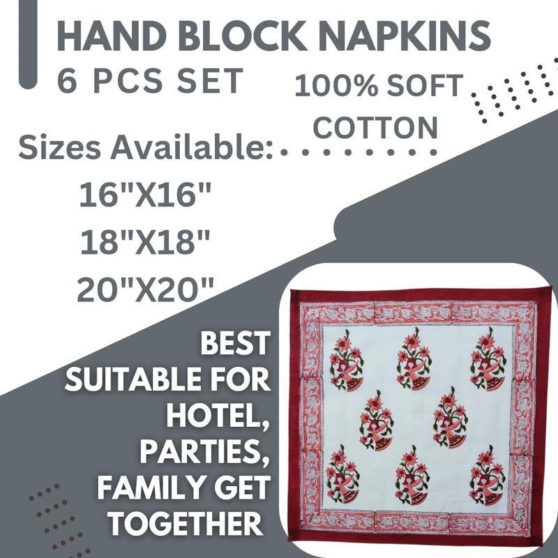 Third Eye Export Cloth Napkins Set of 12  Red Cotton Floral Dinner Napkins for Table  Reusable Indian Block Print Washable Napkins for Wedding Party Boho Decor Feritel X Large 20X20 Inches - Image 5