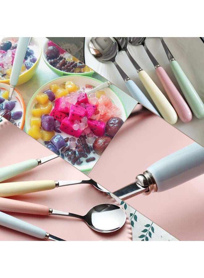 Macaron Exquisite Cute Glazed Ceramic Handle Stainless Steel Korean Spoon A Four Exquisite Spoon Wholesale-Specifications:A Family Of Four Forks With 2 Random Pieces Or Contact Customer Service For Notes - Pointed Spoons
