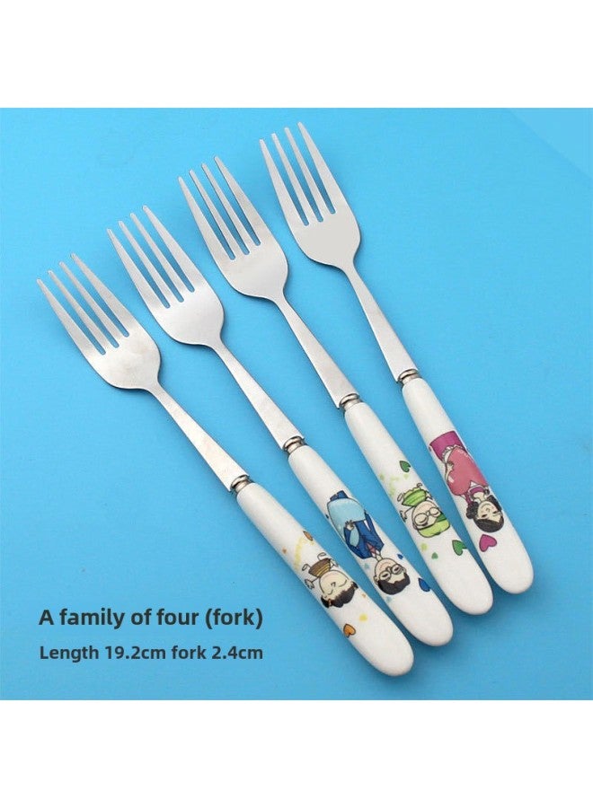 Macaron Exquisite Cute Glazed Ceramic Handle Stainless Steel Korean Spoon A Four Exquisite Spoon Wholesale-Specifications:A Family Of Four Forks With 2 Random Pieces Or Contact Customer Service For Notes - Pointed Spoons