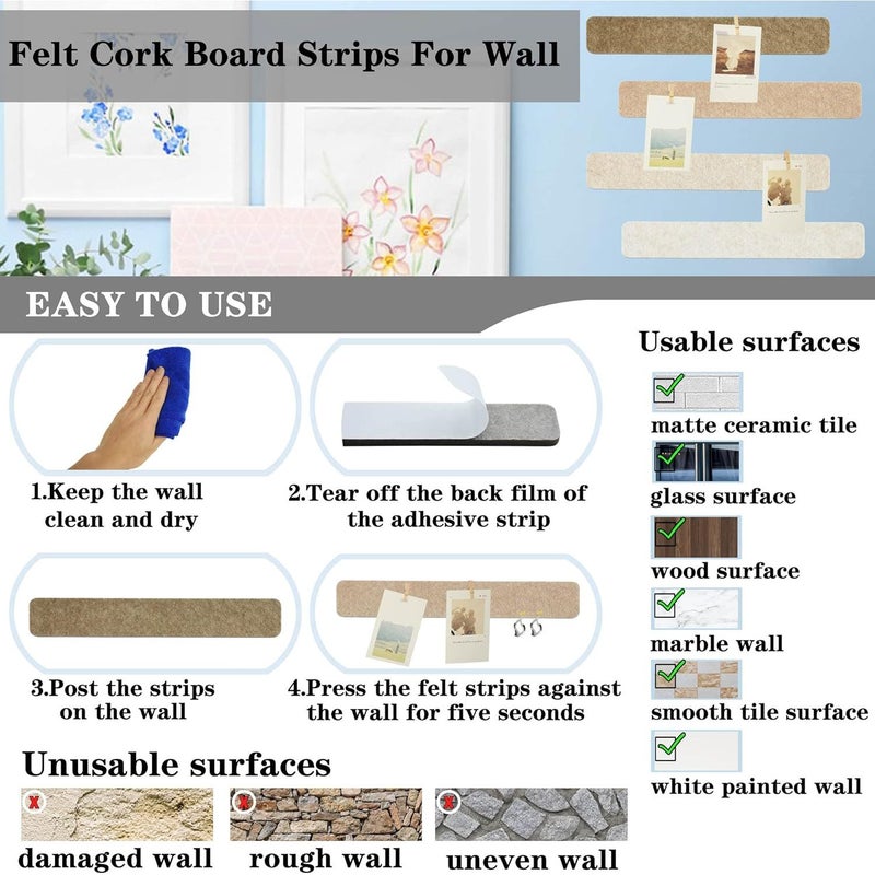 Blue Felt Bulletin Board Strips with 50 Pushpins Self Adhesive for Notes Photos Schedules - Image 3