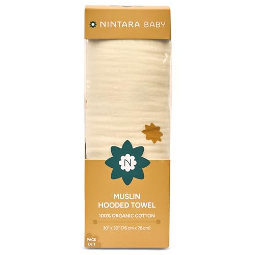 NINTARABABY Hooded Towel - 100% Organic Premium Muslin Cotton, 30" x 30" (76 cm x 76 cm), Ultra-Absorbent, Soft, Breathable, Hypoallergenic, Multipurpose, Gifts for Babies & Infants - Image 1