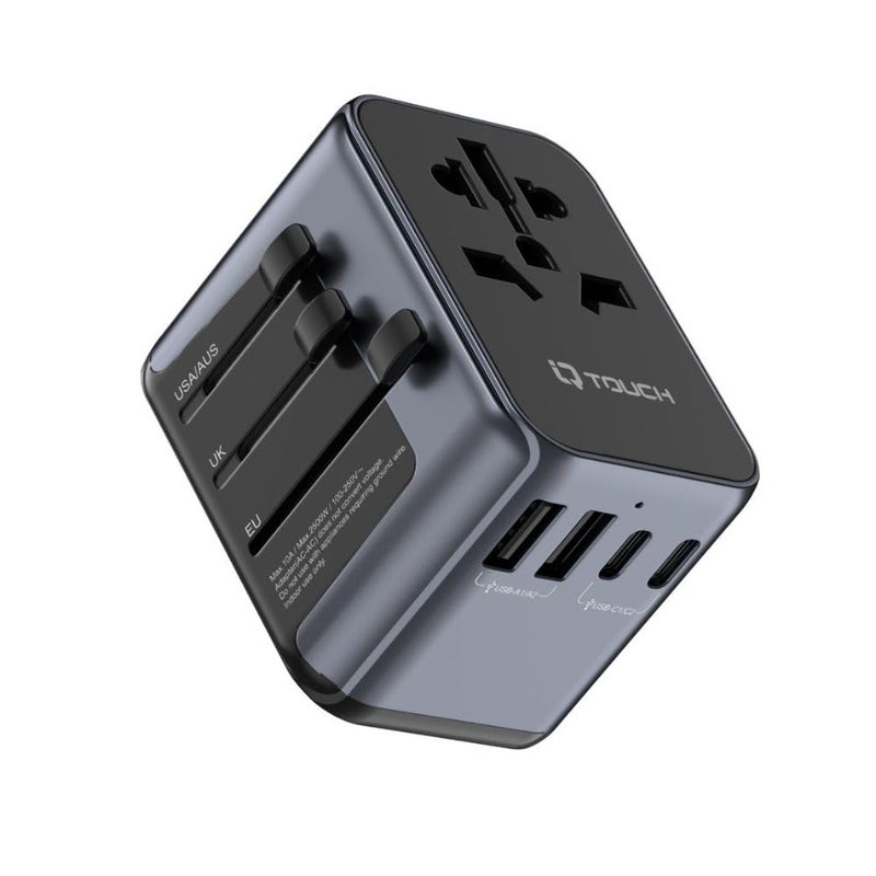Touch 6in1 International Travel Adapter 30W GaN Multi Socket 3Ports USBC 2Ports USBA Travel  Wall Plug USAUUKEU plug compatibility LED Indicator Black