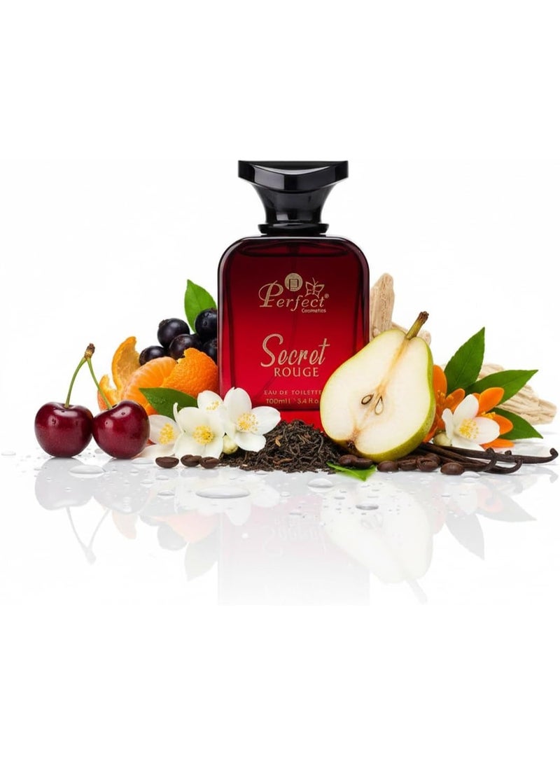 بيرفيكت كوزميتيكس عطر سيكريت روج أو دو تواليت للنساء من بيرفكت كوزمتكس، 100 مل - عطر زهري فاكهي حلو يدوم طويلاً برائحة الكرز والفانيليا والقهوة والمسك - عطر أنيق للسيدات - Image 3